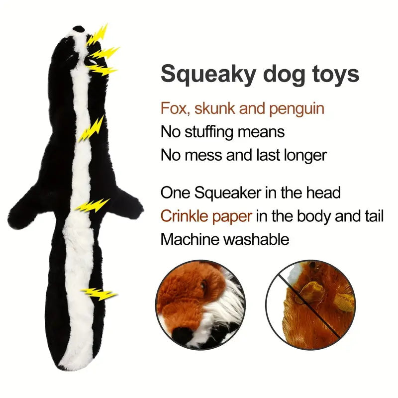 5pcs Deluxe Pet Toy Set - Soft, Durable, Plush Squeaky Dog Chew Toys with No Stuffing - Ideal for Medium and Large Dogs, 24-Inch Assortment of Squirrel, Raccoon, Fox, Skunk, and Penguin Designs