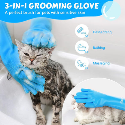 Pet Grooming Gloves - Heat Resistant Silicone Gloves with High-Density Teeth, Enhanced Five Finger Design for Bathing and Massaging Dogs and Cats