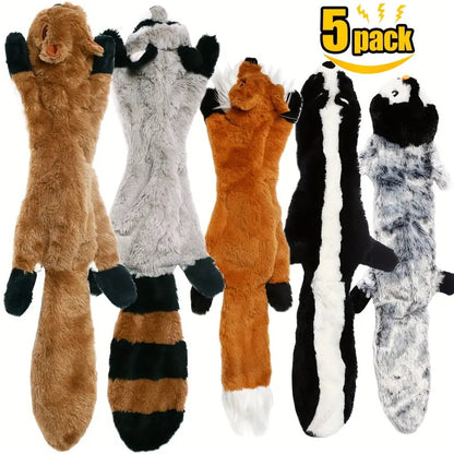 5pcs Deluxe Pet Toy Set - Soft, Durable, Plush Squeaky Dog Chew Toys with No Stuffing - Ideal for Medium and Large Dogs, 24-Inch Assortment of Squirrel, Raccoon, Fox, Skunk, and Penguin Designs