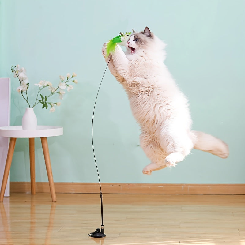 1pc Interactive Feather Teaser Toy - Entertaining Wire Stick with Suction Cup for Cats, Fun and Engaging Playtime, Durable Construction, Easy to Use and Store